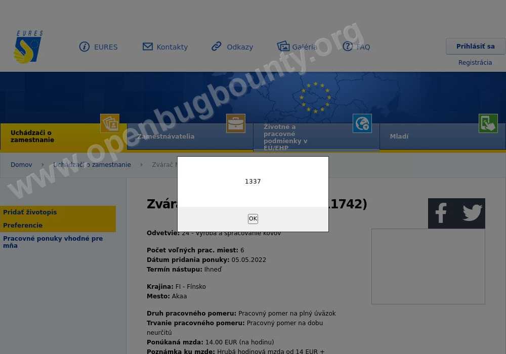 eures.sk Cross Site Scripting vulnerability OBB-2600345 | Open Bug Bounty