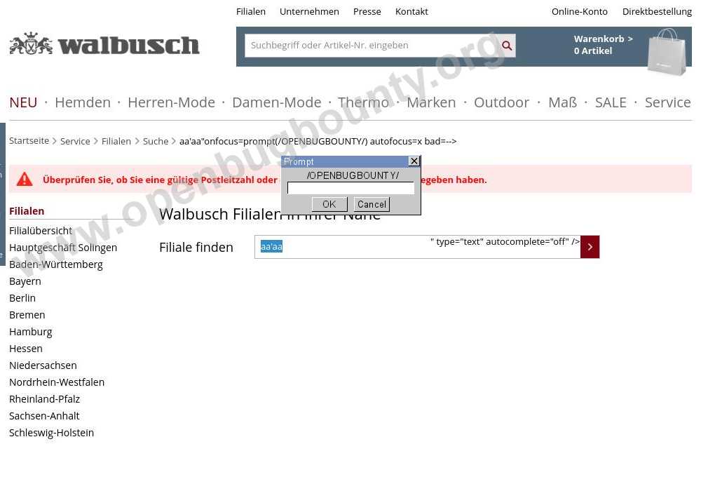 walbusch.de Cross Site Scripting vulnerability OBB-440025 | Open Bug Bounty