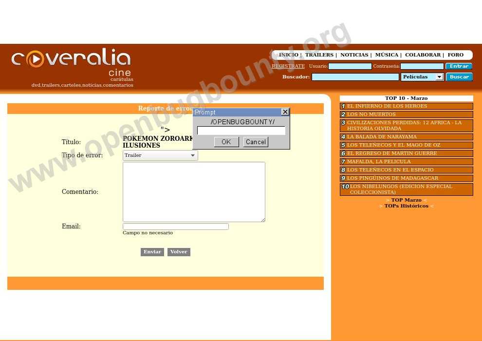 cine.coveralia.com Cross Site Scripting vulnerability OBB-571808 | Open Bug  Bounty