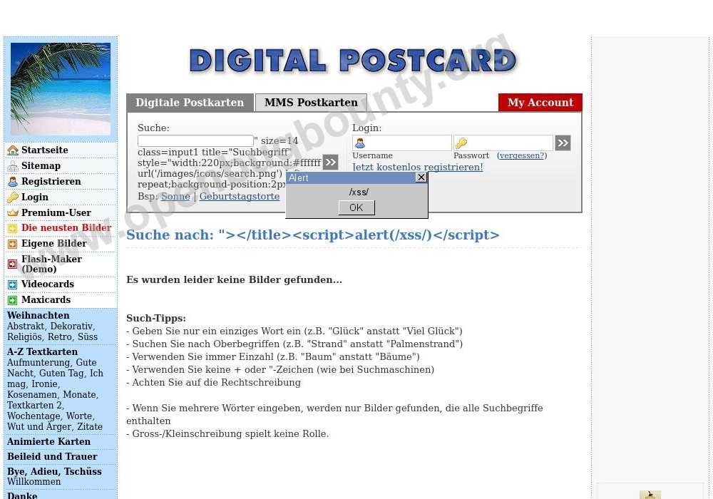 digital-postcard.ch Cross Site Scripting vulnerability OBB-606971 | Open  Bug Bounty